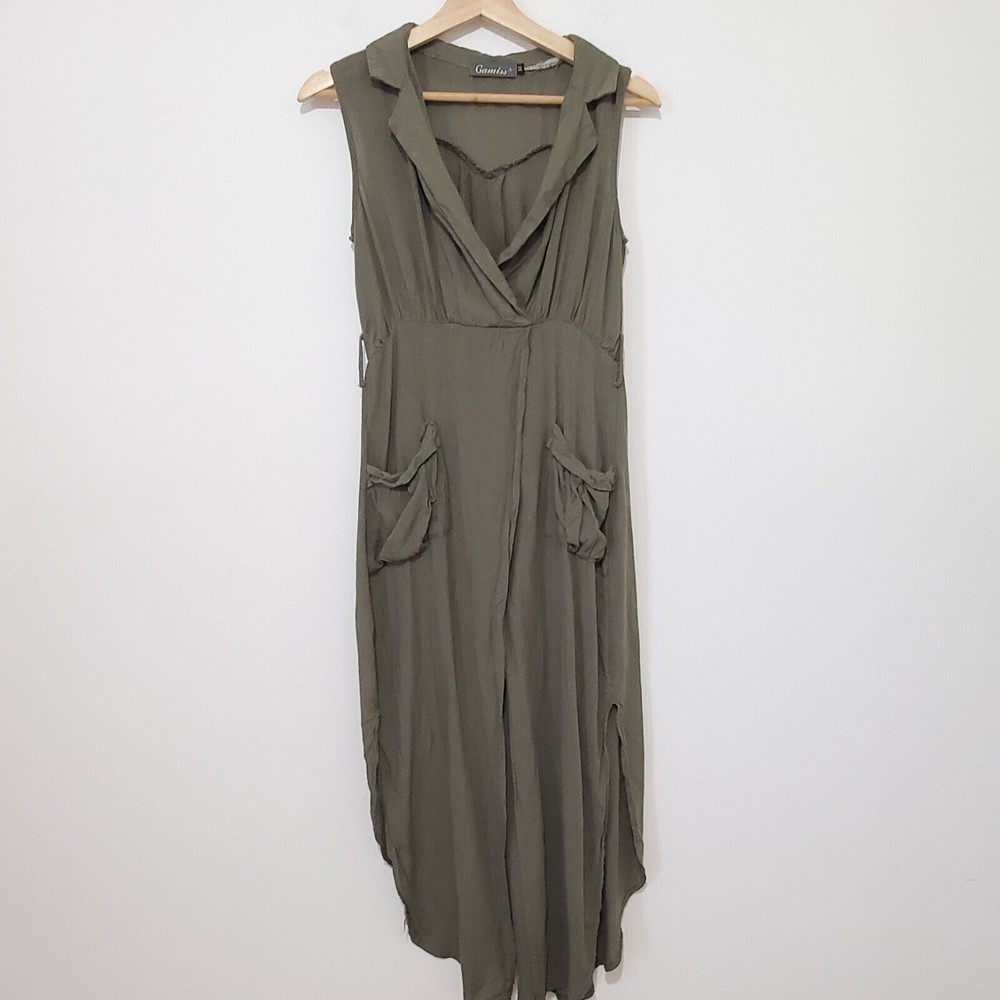 Gamiss Army Green Shirt Dress Coverup Tunic Wrap Maxi Dress Collared Siz…